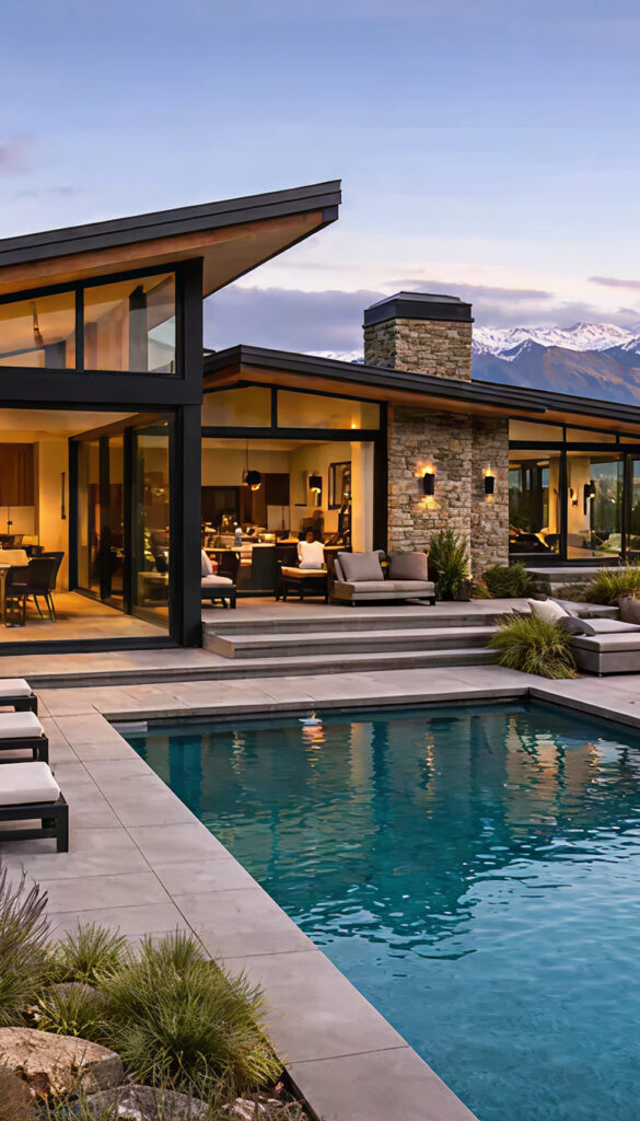 Luxury modern home with outdoor pool, stone feature wall, and snow-capped mountain views at dusk